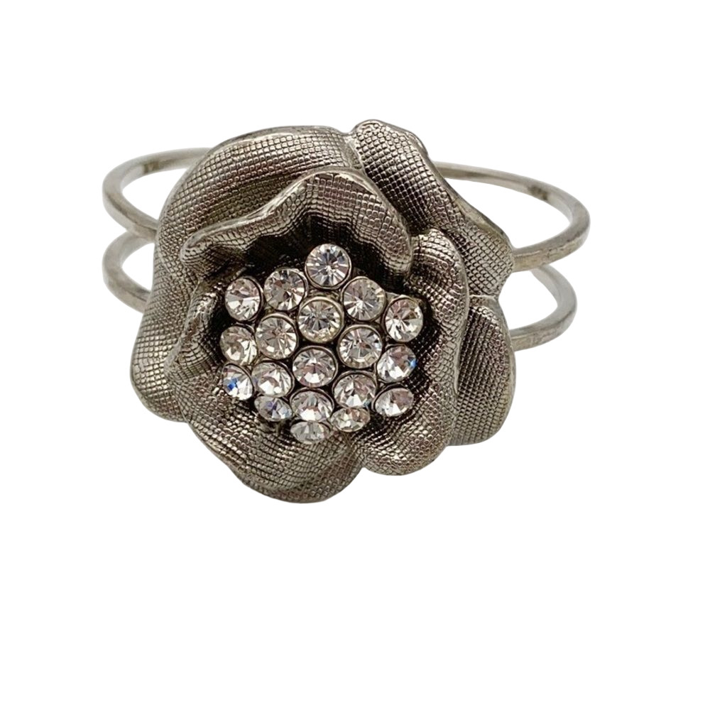 Silver rhinestone studded hinged floral cuff bracelet